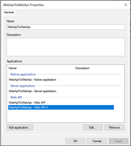 Screenshot of the WebApiToWebApi Properties dialog box showing the WebApiToWebApi - Web A P I 2 application highlighted.