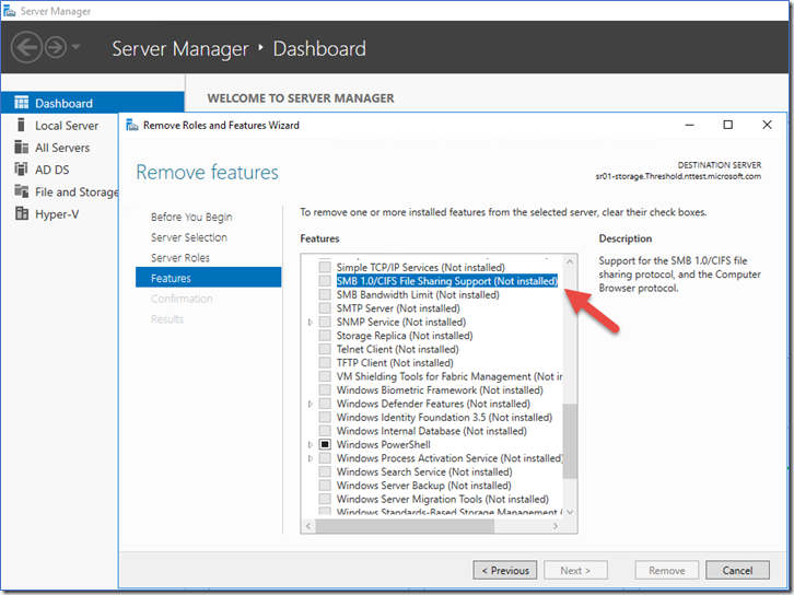 Screenshot of the Remove features page in the Server Manager dashboard. In the Features list, SMBv1 is highlighted.