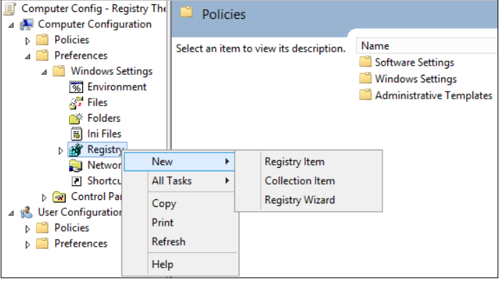 Screenshot of the console tree in Group Policy Management Console. The Registry shortcut menus are visible, with New highlighted in the first menu.