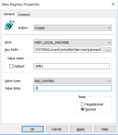 Screenshot of the New Registry Properties dialog. Values are visible in the action, hive, key path, name, type, and data fields.