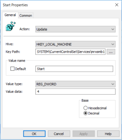 Screenshot of the Start Properties dialog. Values are visible in the action, hive, key path, name, type, and data fields.