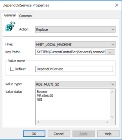 Screenshot of the DependOnService Properties dialog. Values are visible in the action, hive, key path, name, type, and data fields.