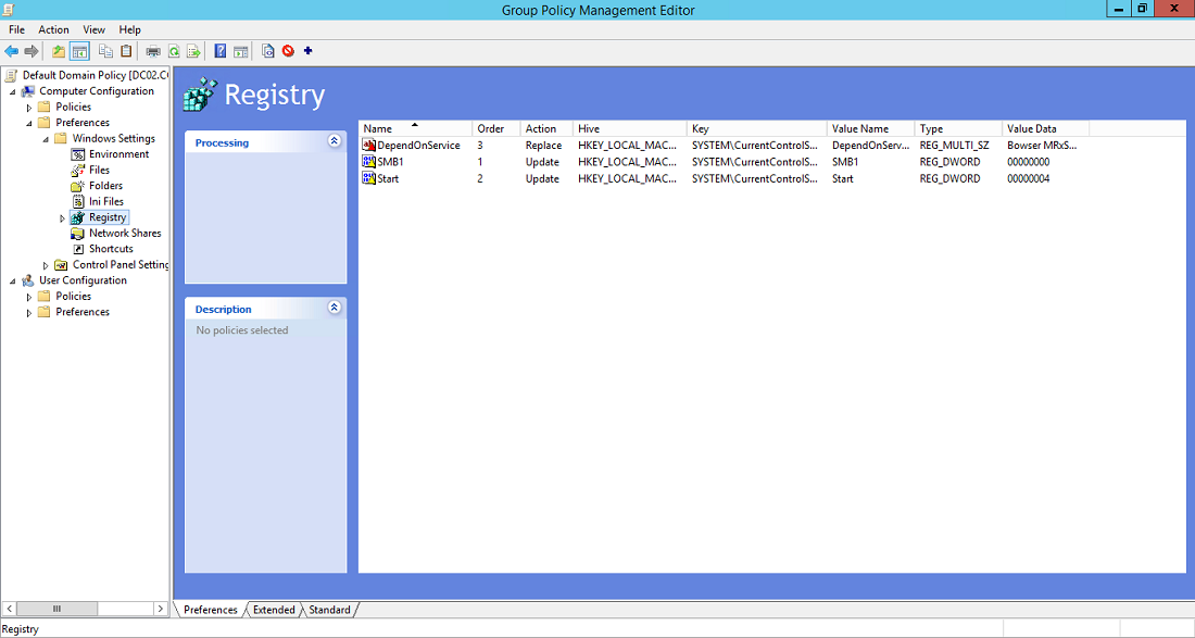 Screenshot of the Group Policy Management Editor registry. Three items are visible: DependOnService, SMB1, and Start.