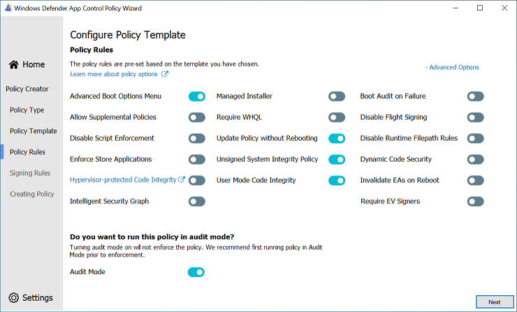 Rule options UI for Windows Allowed mode.