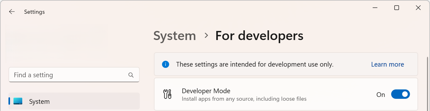 Screenshot of the Settings -> System -> For developers window showing Developer Mode enabled.