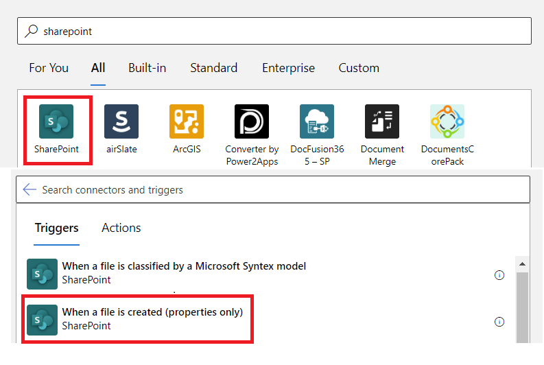 Screenshot des SharePoint-Connectors und der Seite „Triggerauswahl“.