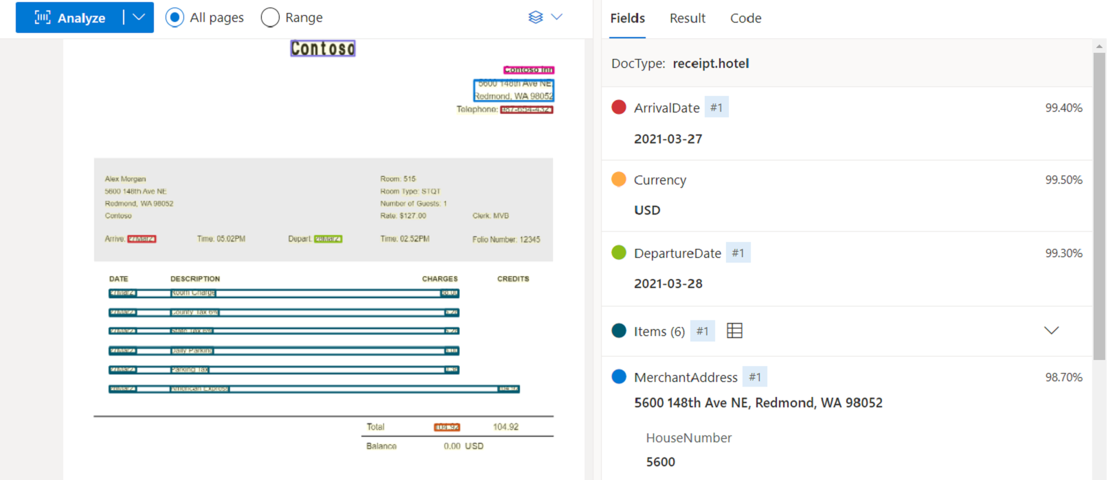 Screenshot der Belegmodellanalyse mit Dokument Intelligenz Studio.