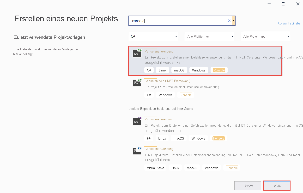 Screenshot der Seite „Neues Projekt erstellen“ von Visual Studio