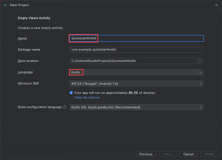 Screenshot des Fensters „Projekt konfigurieren“ in Android Studio.