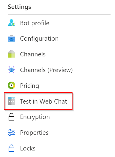 Screenshot der Azure KI Bot Service-Benutzeroberfläche mit der Schaltfläche „Webchat testen“.