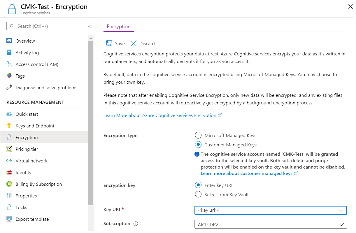 Screenshot: Verschlüsselungsseite für eine Azure KI Services-Ressource; die Option „Schlüssel-URI eingeben“ ist ausgewählt, und das Feld „Schlüssel-URI“ enthält einen Wert