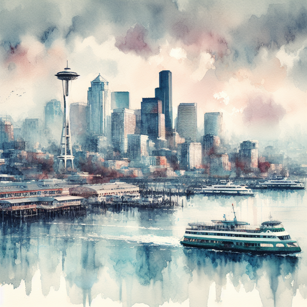 Aquarell-Malerei der Skyline von Seattle mit mehr Details und Struktur.