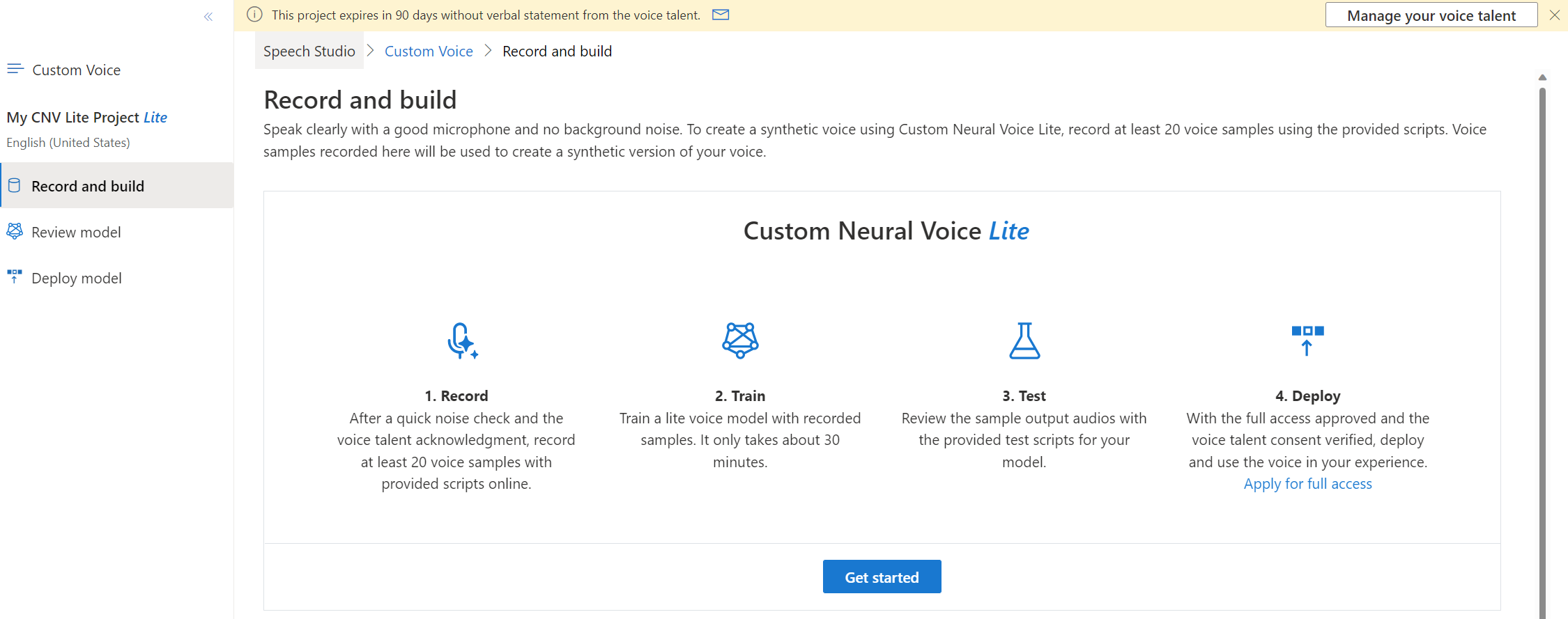 Screenshot mit einer Übersicht des CNV Lite-Workflows zum Aufzeichnen, Trainieren, Testen und Bereitstellen