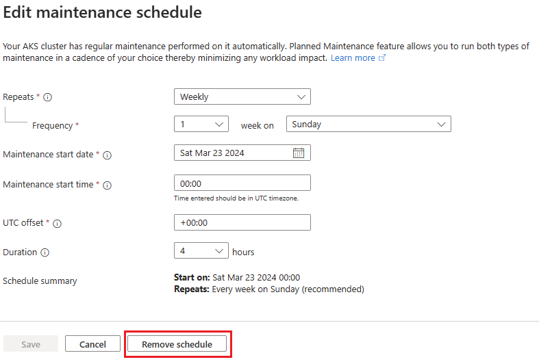 Screenshot, der den Bereich zum Bearbeiten eines Wartungsfensters mit der Schaltfläche zum Entfernen eines Zeitplans im Azure-Portal zeigt.