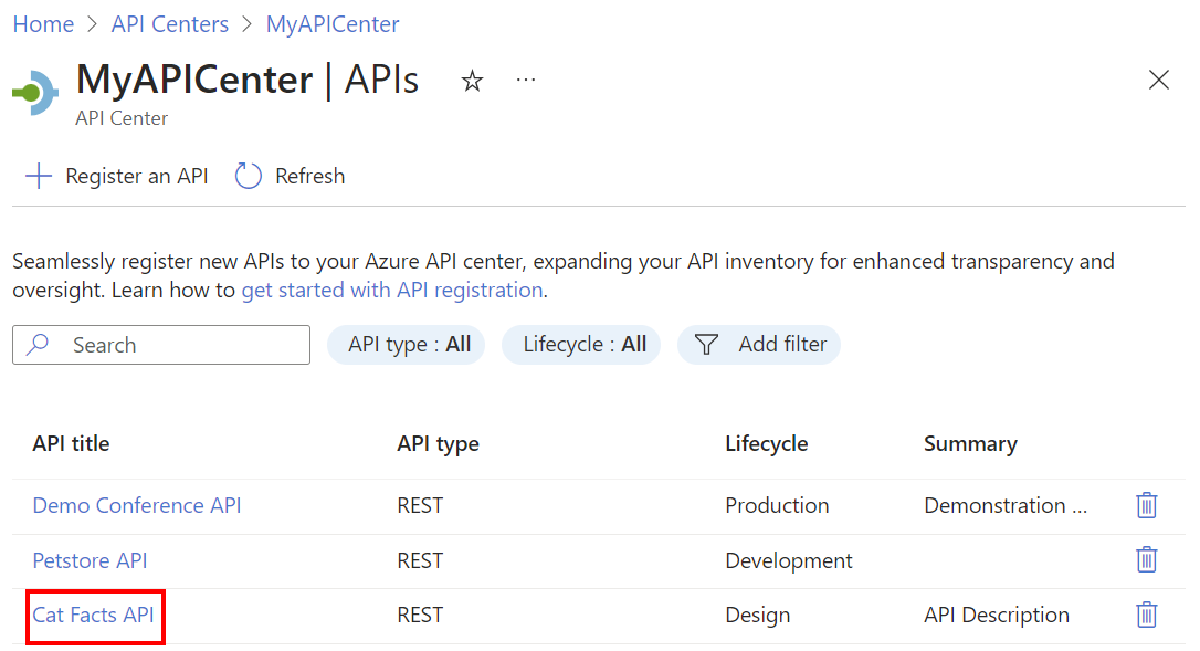 Screenshot: Nach dem Workflow in API Center registrierte API