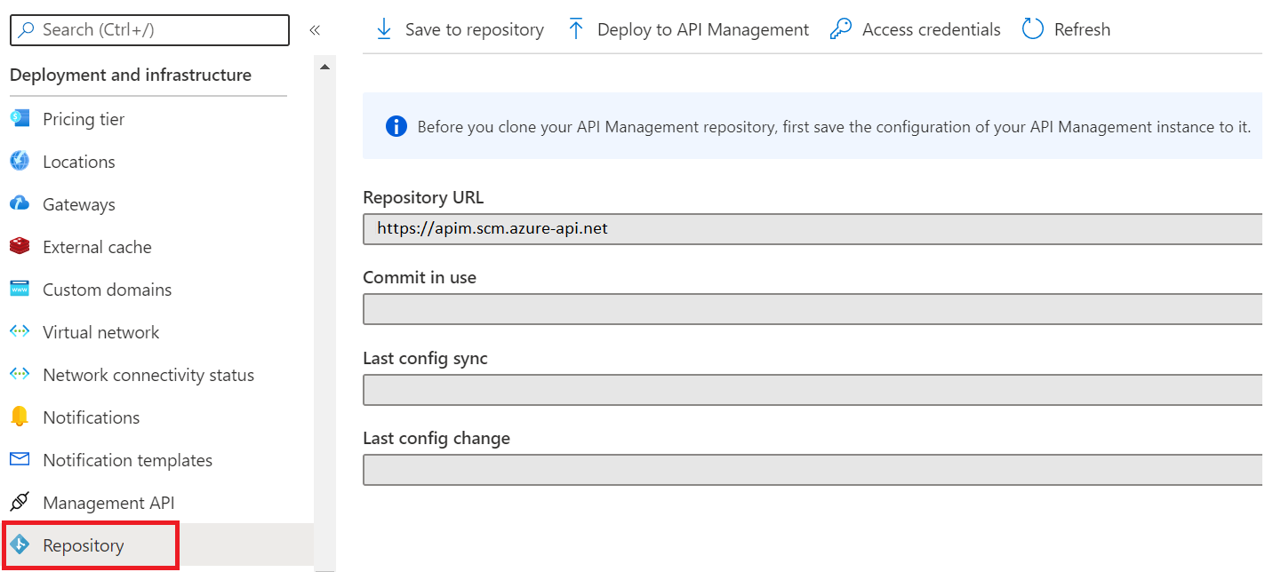 Screenshot: Zugreifen auf Git-Konfiguration für API Management