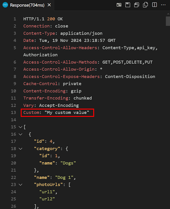 Screenshot der API-Testantwort in Visual Studio Code.