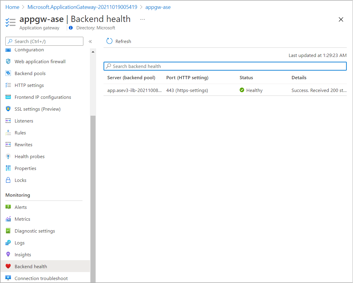 Screenshot der Überprüfung des Back-End-Integritätsstatus in „Back-End-Integrität“