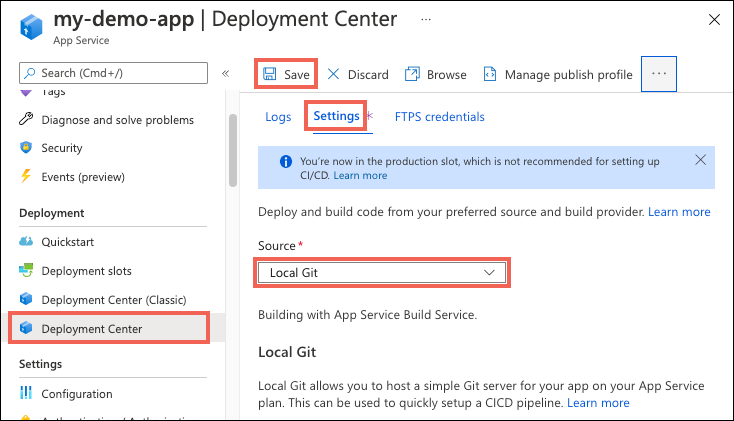 Aktivieren der lokalen Git-Bereitstellung für App Service im Azure-Portal