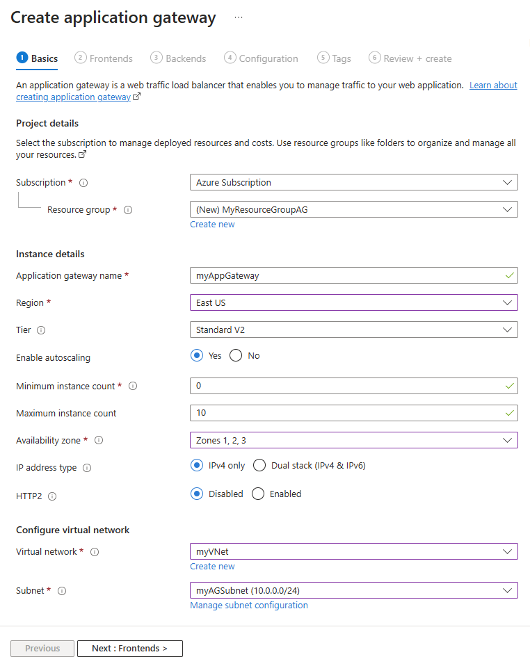 Screenshot: Registerkarte „Basics“ der Seite „Anwendungsgateway erstellen“.