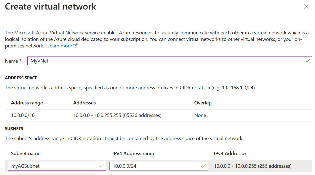 Erstellen Sie ein neues VNet für das Anwendungsgateway.