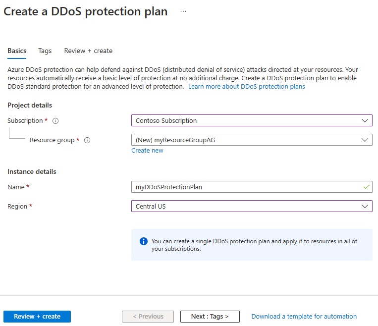 Screenshot der Registerkarte „Grundlagen“ für das Erstellen eines DDoS-Schutzplans.