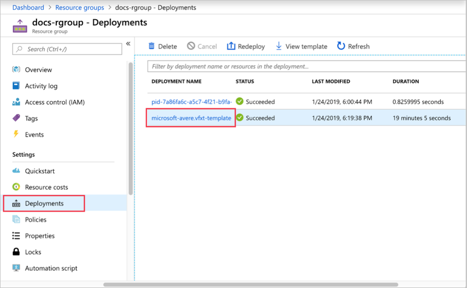 Portalseite „Ressourcengruppe“ mit auf der linken Seite ausgewählten Bereitstellungen und der Anzeige von „microsoft-avere.vfxt-template“ in einer Tabelle unter dem Bereitstellungsnamen