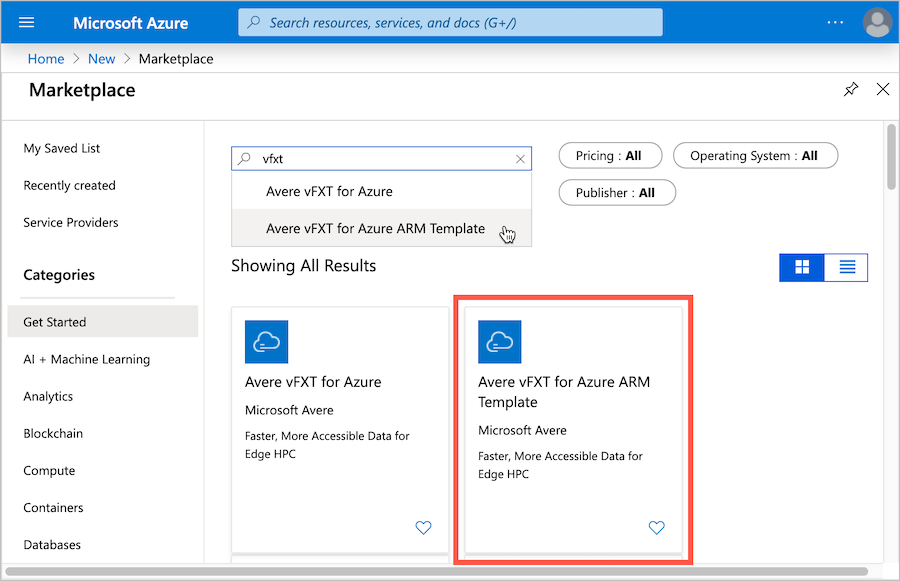 Browserfenster mit dem Azure-Portal mit Breadcrumbs „Neu > Marketplace > Alles“. Auf der Seite „Alles“ enthält das Suchfeld den Begriff „avere“ und das zweite Ergebnis, „Avere vFXT für Azure ARM-Vorlage“, ist rot hervorgehoben.