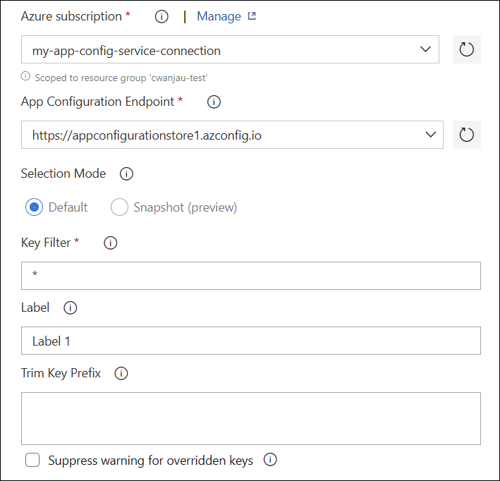 Screenshot: „Parameter“ für die Aufgabe „App Configuration“