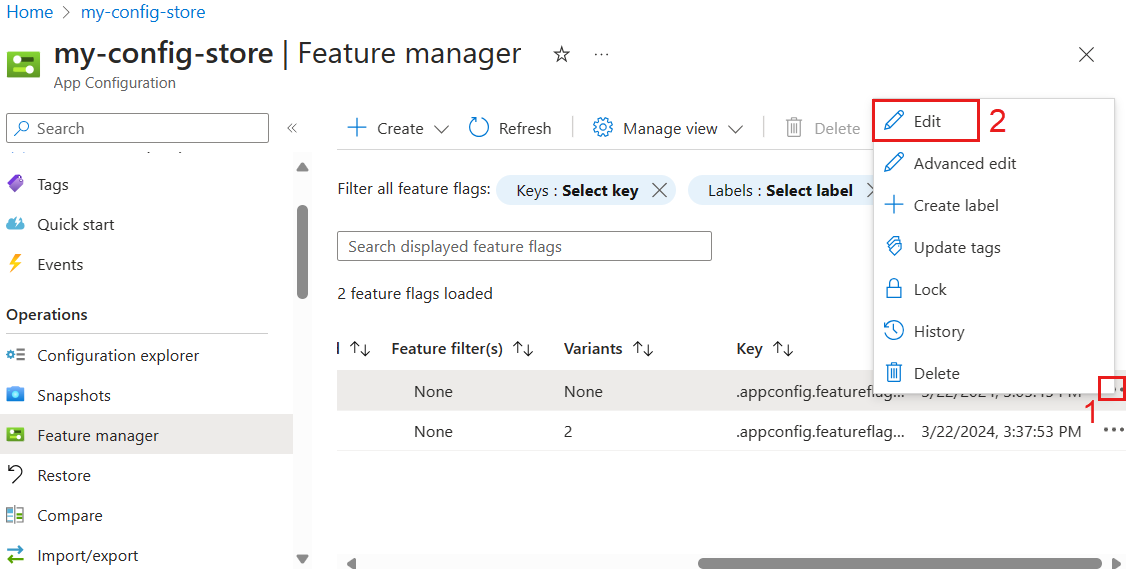 Screenshot der Azure-Plattform. Bearbeiten Sie ein Featureflag.