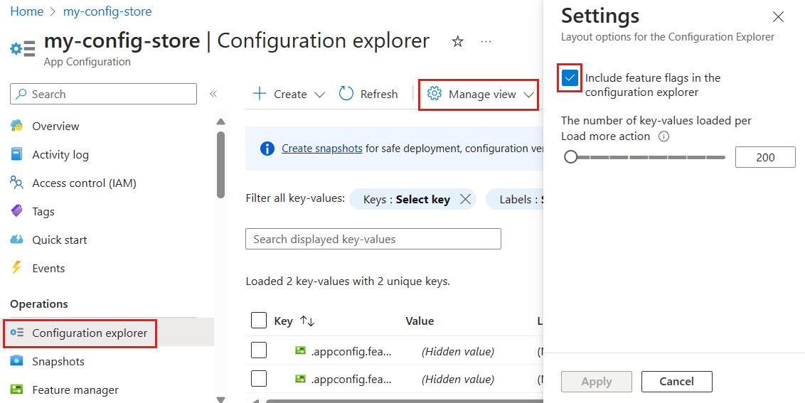 Screenshot der Azure-Plattform. Schließen Sie Featureflags in den Konfigurations-Explorer ein.