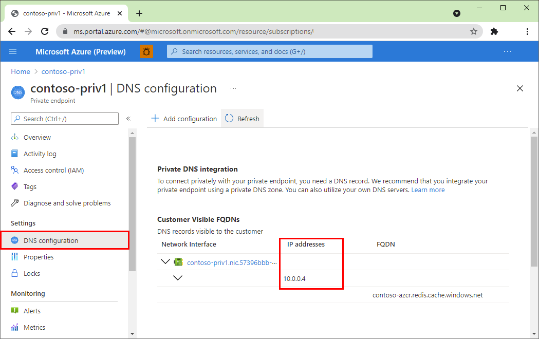 Im Azure-Portal, private Endpunkt D N S-Einstellungen.