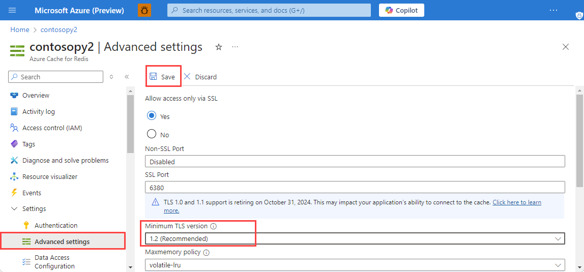 Screenshot: Festlegen von TLS 1.2 für den Cache im Azure-Portal