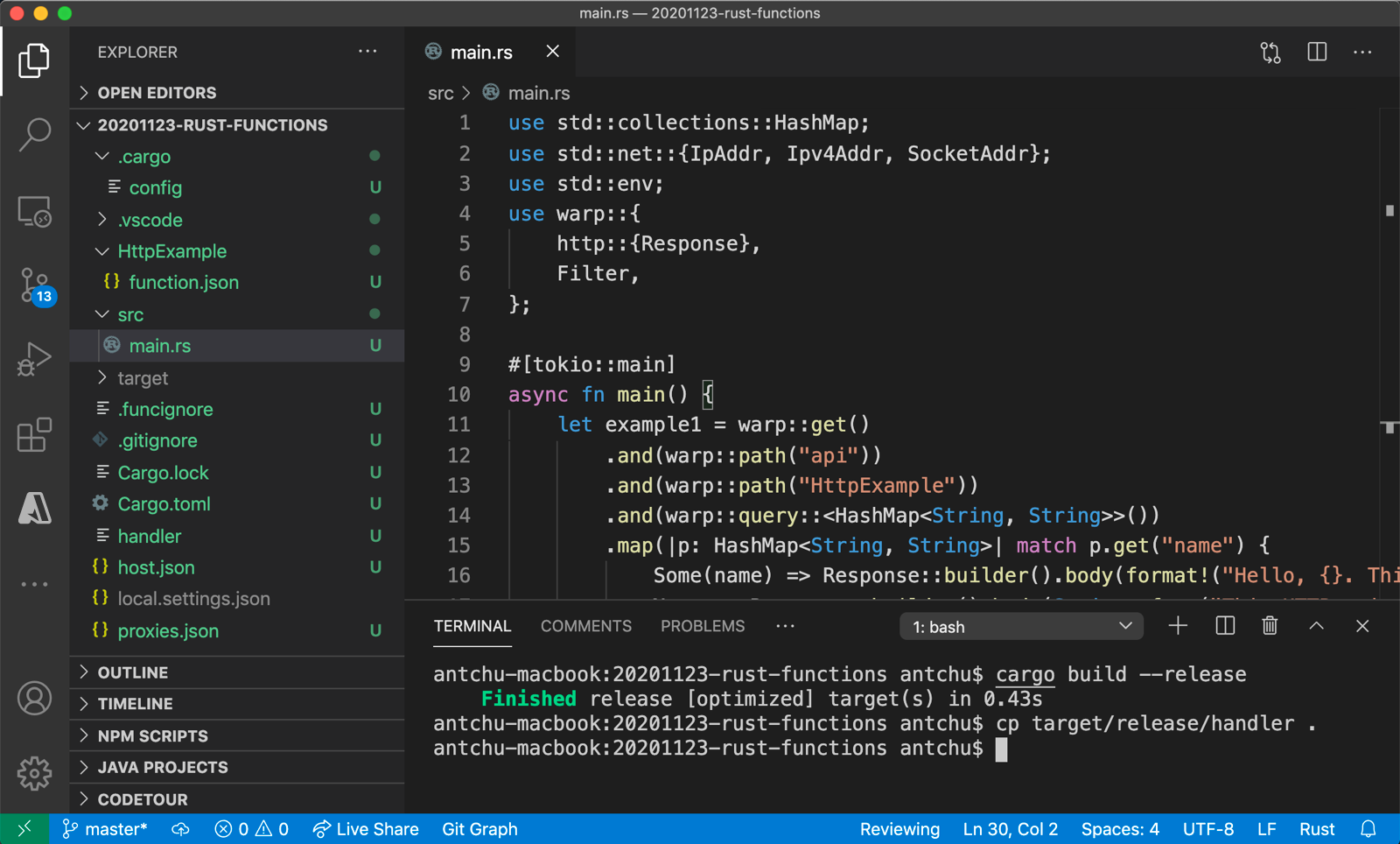 VS Code: Kompilieren eines benutzerdefinierten Rust-Handlers