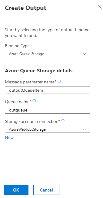 Screenshot, der zeigt, wie Sie einer Funktion im Azure-Portal eine Ausgabebindung für den Queue Storage hinzufügen.