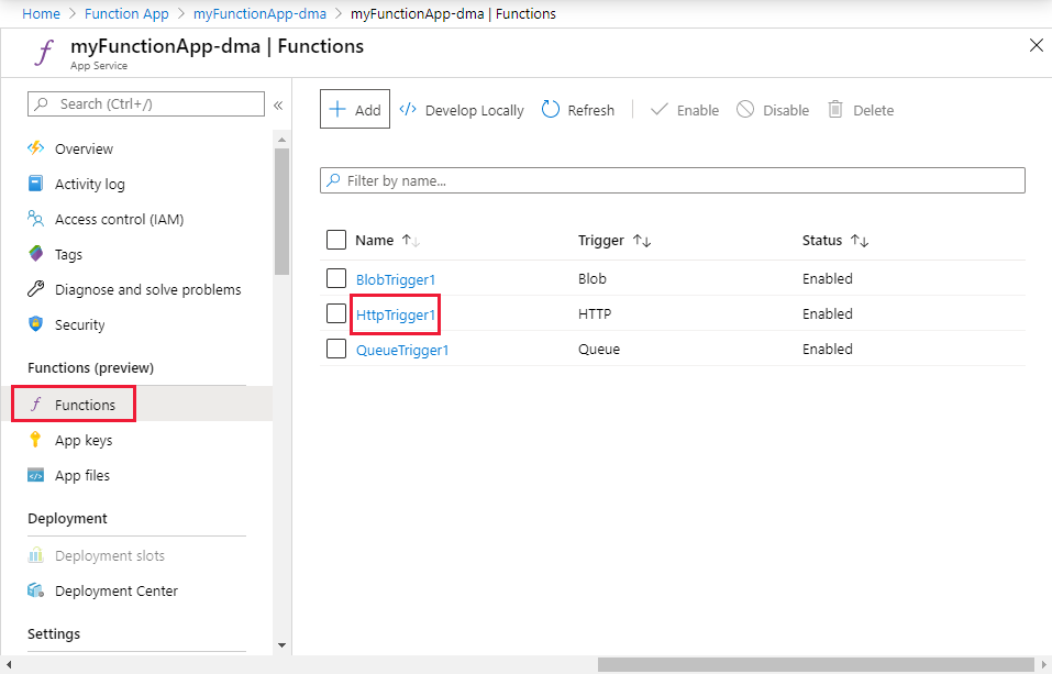 Auswählen Ihrer HTTP-Funktion im Azure-Portal