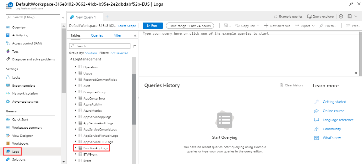 Screenshot des Abfragefensters für Azure Functions in einem Log Analytics-Arbeitsbereich.