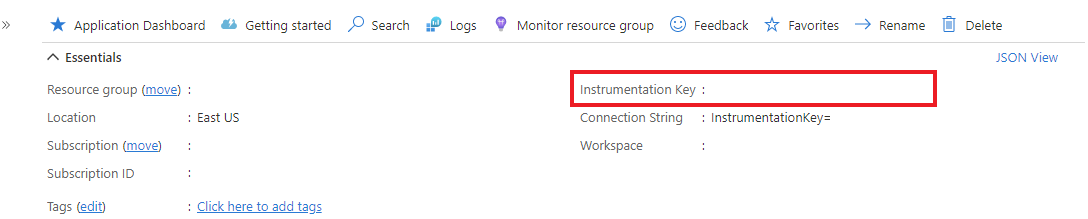 Screenshot zeigt das Suchen des Instrumentierungsschlüssels im Azure-Portal.