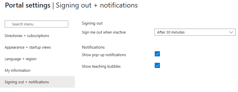 Screenshot: Bereich „Signing out + notifications“ (Abmeldung und Benachrichtigungen)