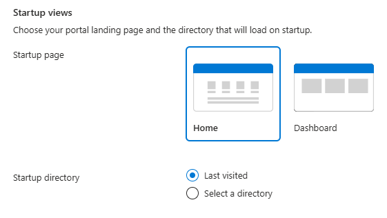 Screenshot: Abschnitt „Startup“ (Startup) von „Appearance + startup views“ (Ansichten „Darstellung“ und „Startup“)