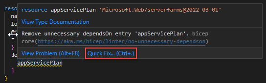 Screenshot der Verwendung von Quick Fix für die no-unnecessary-dependson linter-Regel.