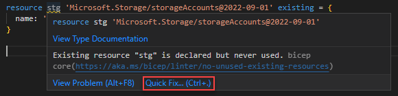 Screenshot mit Quick Fix für die linter-Regel ohne nicht verwendete Ressourcen.