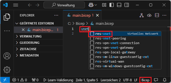 Screenshot: Hinzufügen eines Codeausschnitts für ein virtuelles Netzwerk