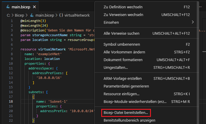 Screenshot der Option „Bicep-Datei bereitstellen“