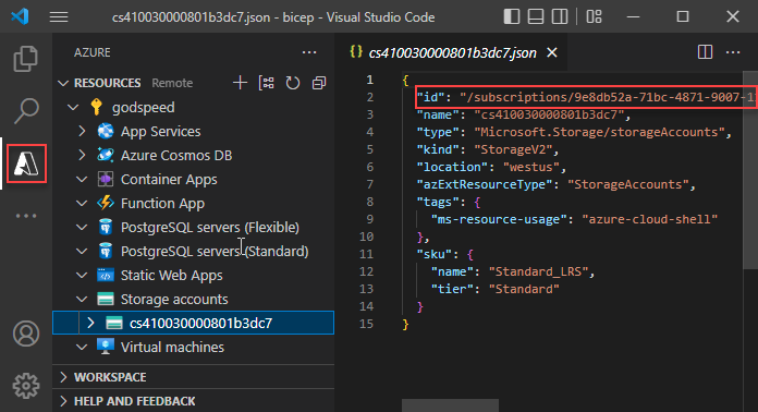 Screenshot der Azure Ressourcen-Erweiterung für Visual Studio Code.