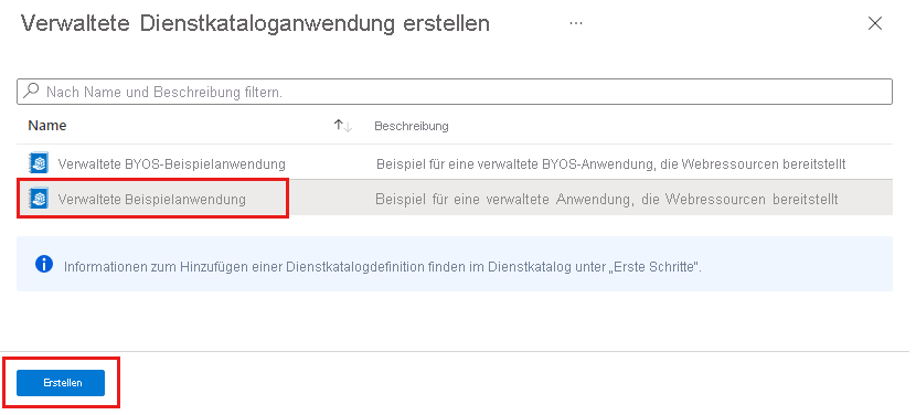 Screenshot, der verwaltete Anwendungsdefinitionen zeigt, die Sie bereitstellen können.