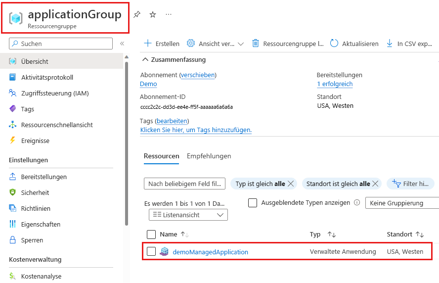 Screenshot, der die Ressourcengruppe zeigt, die die verwaltete Anwendung enthält.