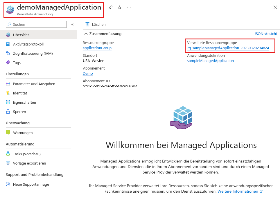 Screenshot: Details der verwalteten Anwendung, wobei der Link zur verwalteten Ressourcengruppe hervorgehoben ist.