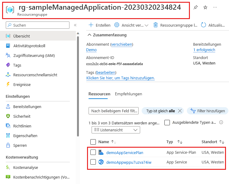 Screenshot, der die verwaltete Ressourcengruppe zeigt, die die von der verwalteten Anwendungsdefinition bereitgestellte Ressource enthält.