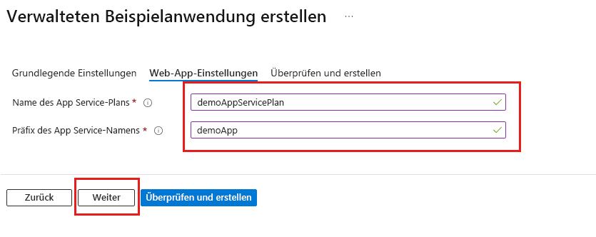 Screenshot, der die erforderlichen Informationen auf der Registerkarte „Web-App Einstellungen“ hervorhebt.